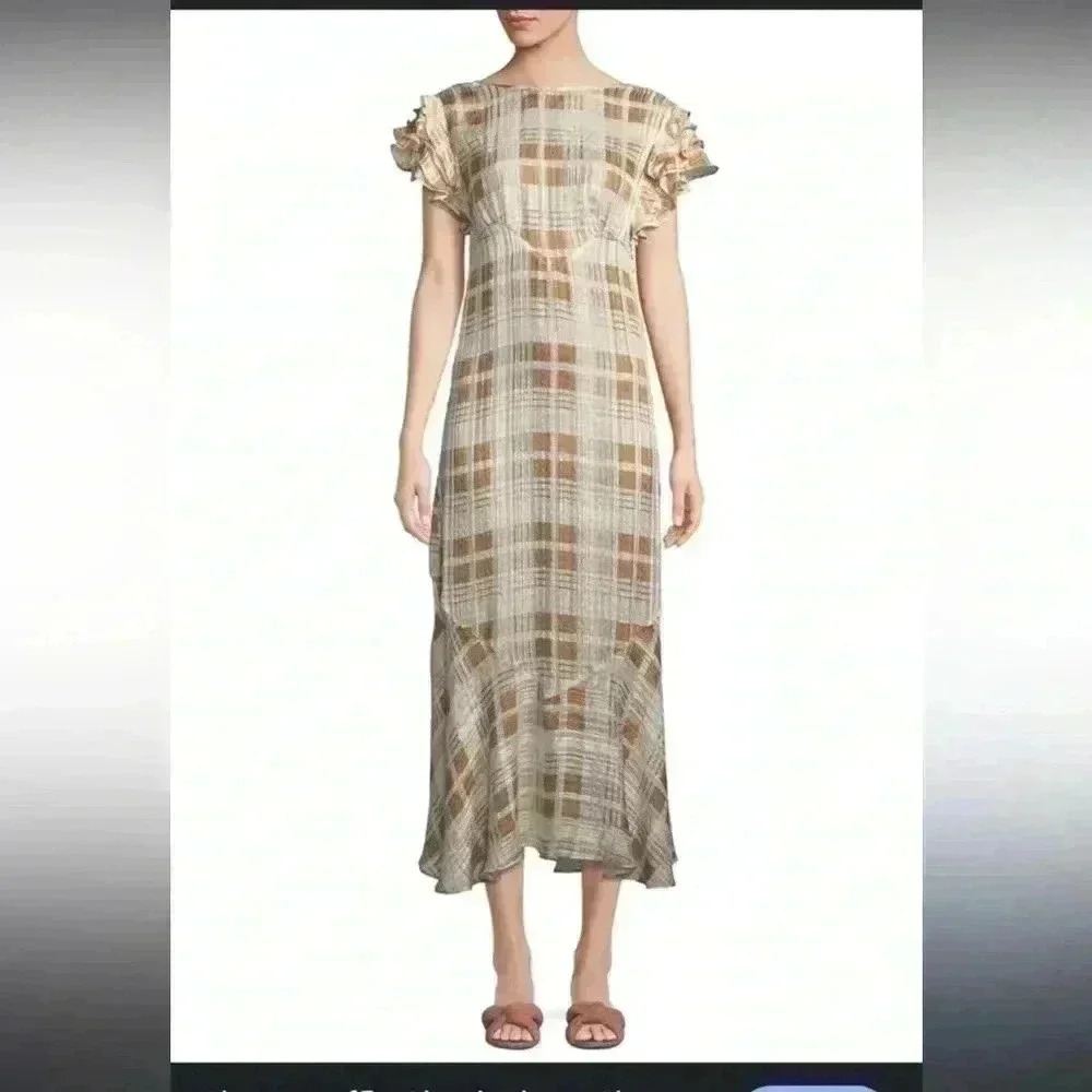 Loveshackfancy Sloane Ruffle Check Short-Sleeve silk Dress in size small